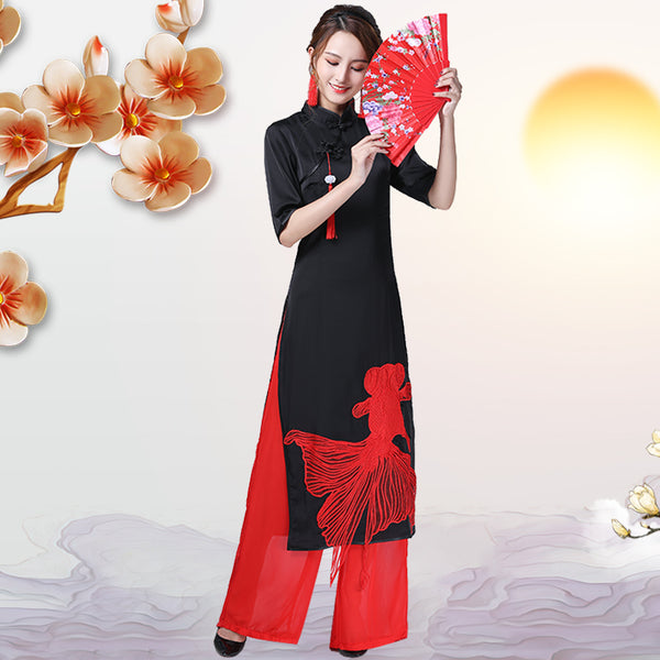 Plus Size Formal Long Cheongsam Blouse And Pants Set