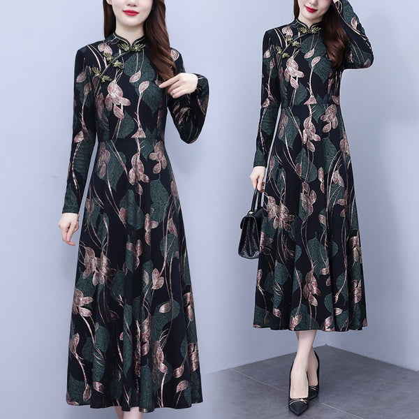 Plus size formal metallic print long sleeve midi cheongsam dress