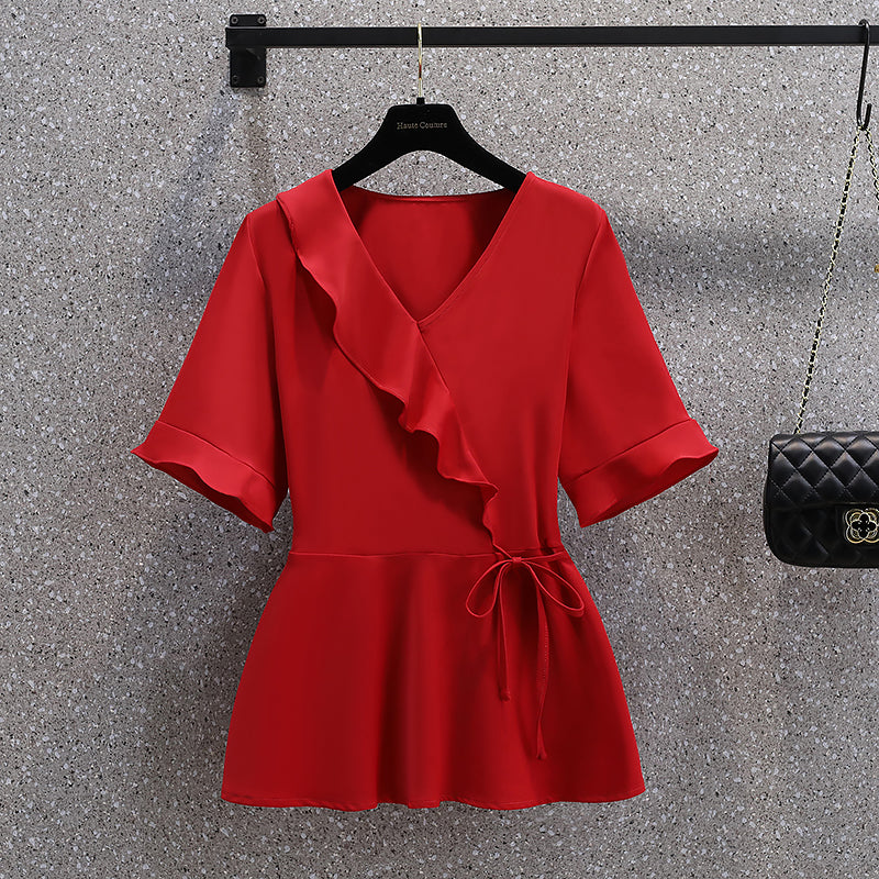 Plus Size Frill Wrap Chiffon Blouse