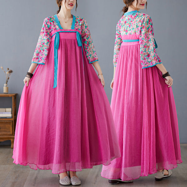 Plus Size Garden Floral Hanbok Cheongsam Maxi Dress