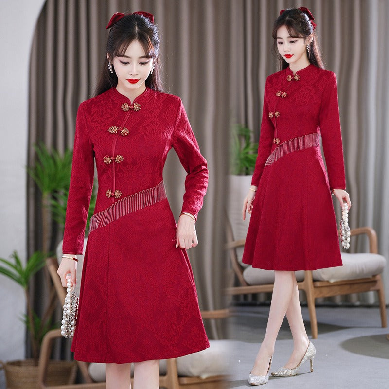 Plus size gold accent red formal cheongsam long sleeve dress
