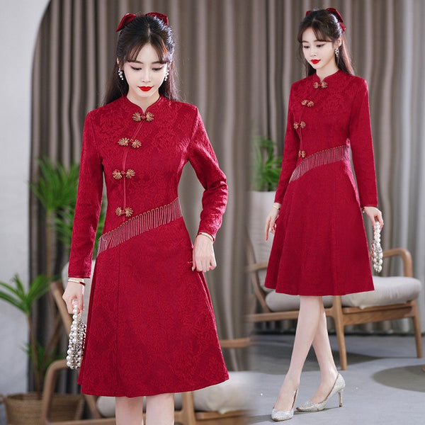 Plus size gold accent red formal cheongsam long sleeve dress
