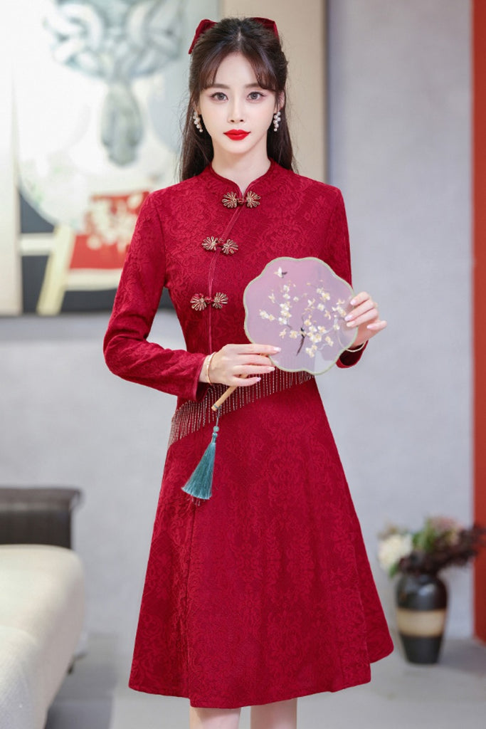 Plus size gold accent red formal cheongsam long sleeve dress Pluspreorder Plus size gold accent red formal cheongsam long sleeve dress Pluspreorder