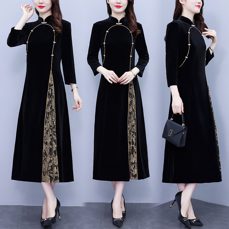 Plus size gold lace velvet formal long sleeve cheongsam dress