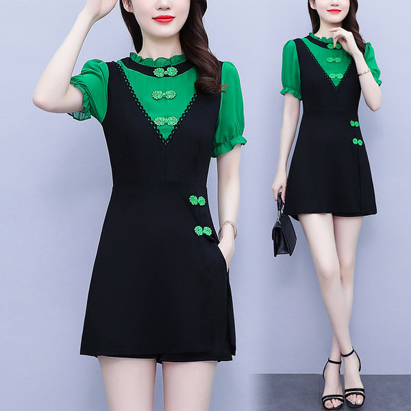 Plus size green puff sleeve tunic cheongsam blouse and shorts set