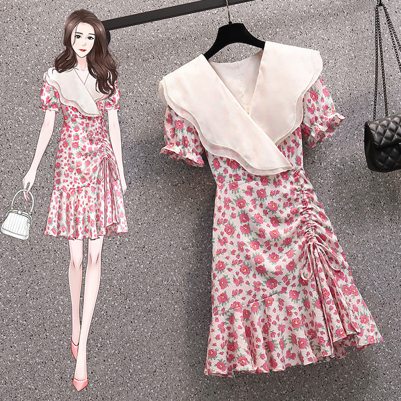 Plus Size Korean Collar Scrunch Floral Dress