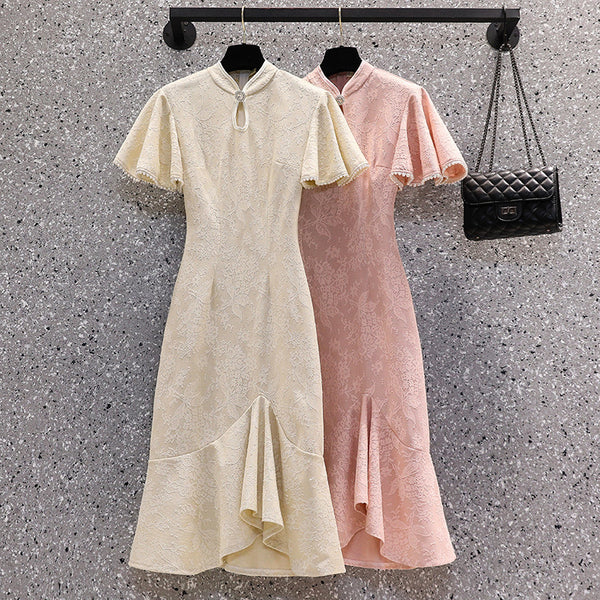 Plus size lace frill cheongsam dress