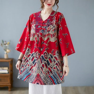 Plus Size Loose Oriental Print Cheongsam Blouse