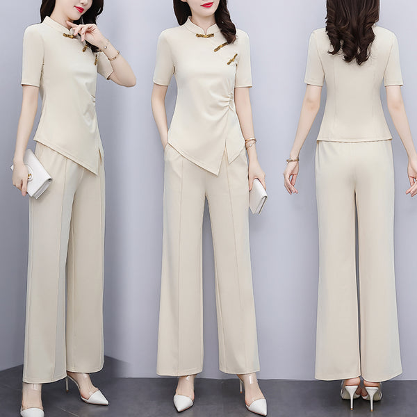 Plus size minimalist cheongsam blouse and trouser pants set