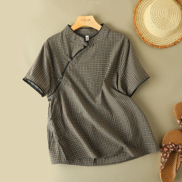 Plus size modern checks cheongsam blouse