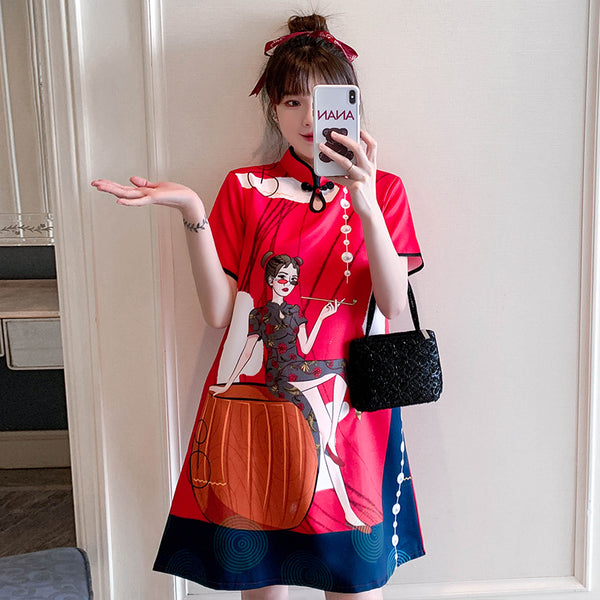 Plus Size Modern Girl Print Cheongsam Dress