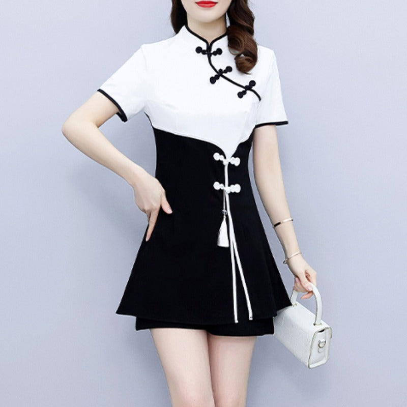 Plus size monochrome tunic cheongsam blouse and shorts set