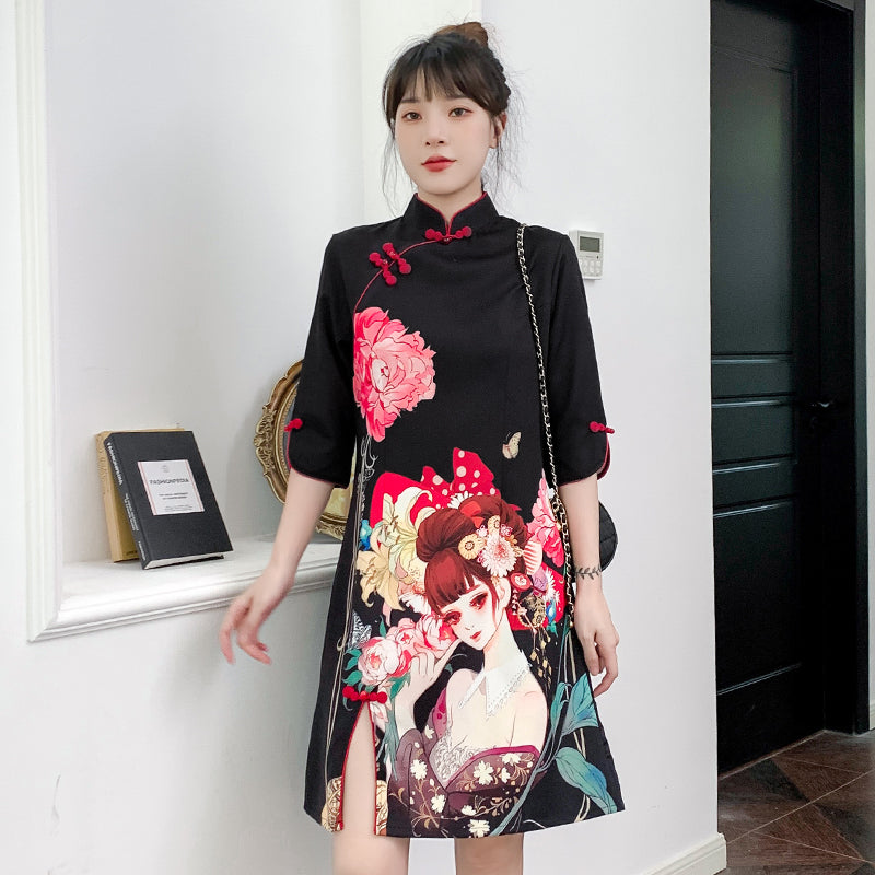 Plus Size Oriental Girl Print Black Cheongsam