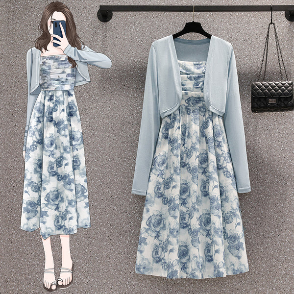 Plus Size Paint Floral Midi Dress And Cardigan Set
