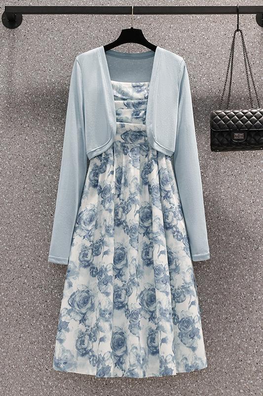 blue floral midi dress with cardigan Plus Size Paint Floral Midi Dress And Cardigan Set – Pluspreorder