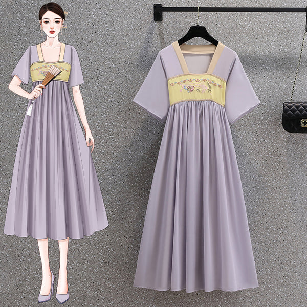 Plus Size Purple Embroidered Hanbok Midi Dress