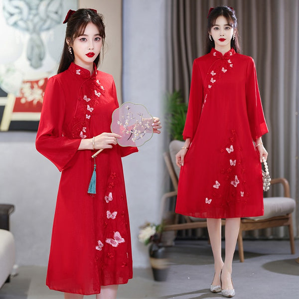 Plus size red embroidered cheongsam a line dress