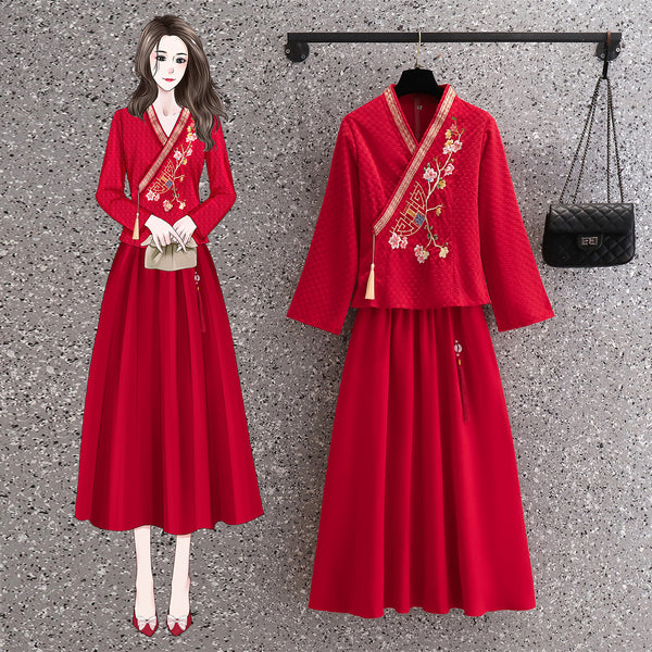Plus size red embroidery tassel cheongsam blouse and skirt set