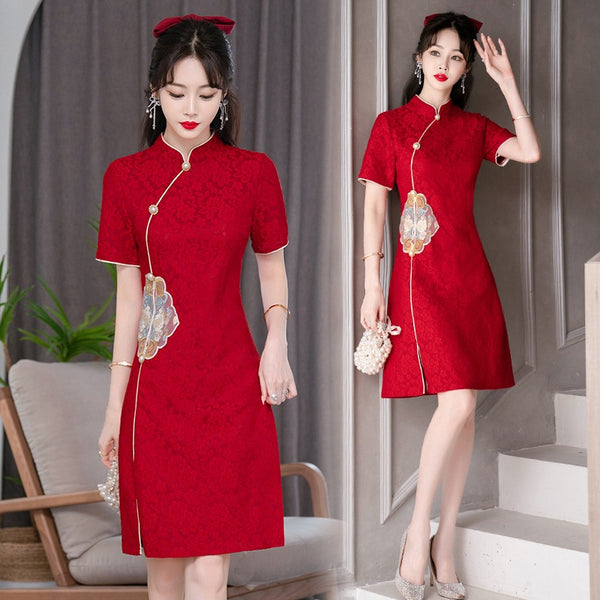 Plus size red embroidery vintage formal cheongsam dress