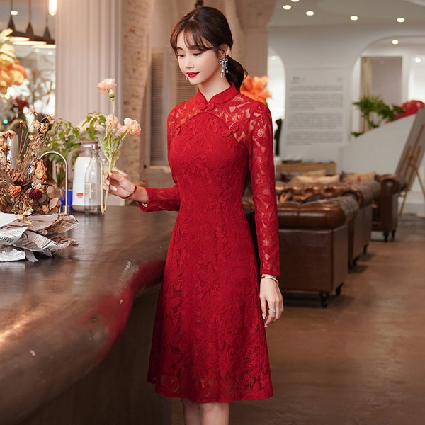 red lace long sleeve dress plus size NU&NOW Plus Size Women Summer Red Autumn Elegant Satin Party Dress,Lace Patchwork StCollar Long Sleeve Waist Twist High Slit Fitted Midi Dress, Fashion Fall