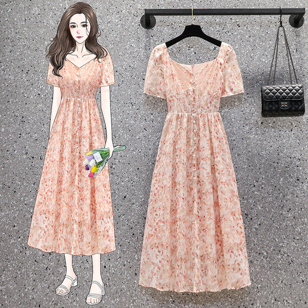 Plus Size Textured Floral Korean Midi Dress