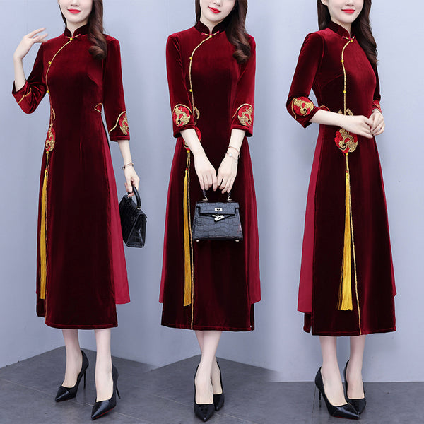 Plus size velvet formal long sleeve cheongsam dress