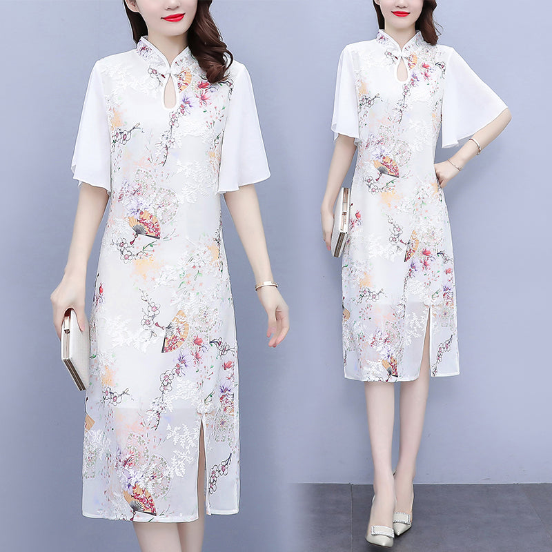 Plus size white formal slit cheongsam