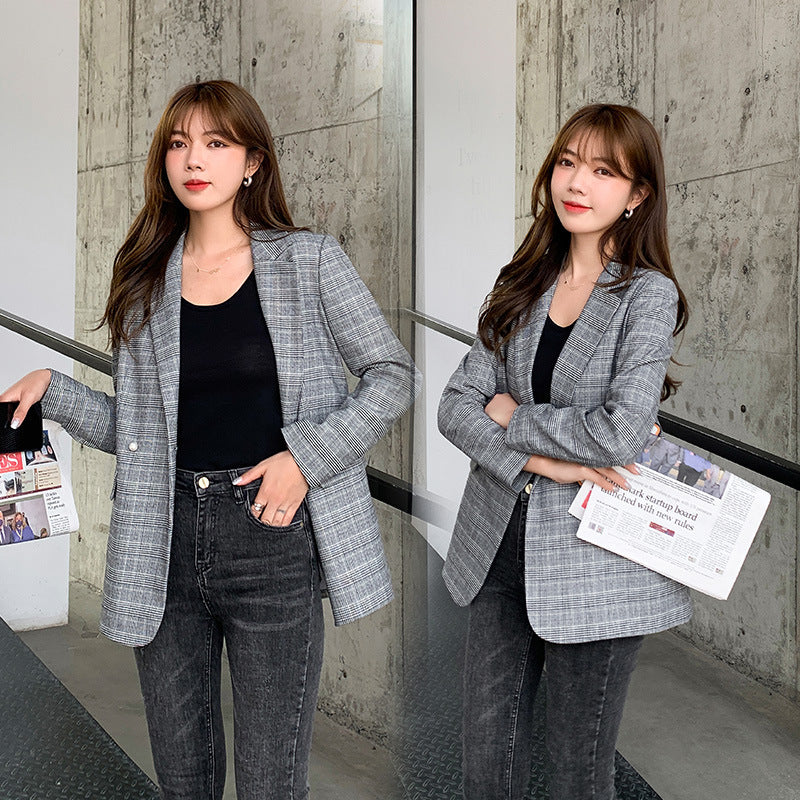 Grey check blazer women top