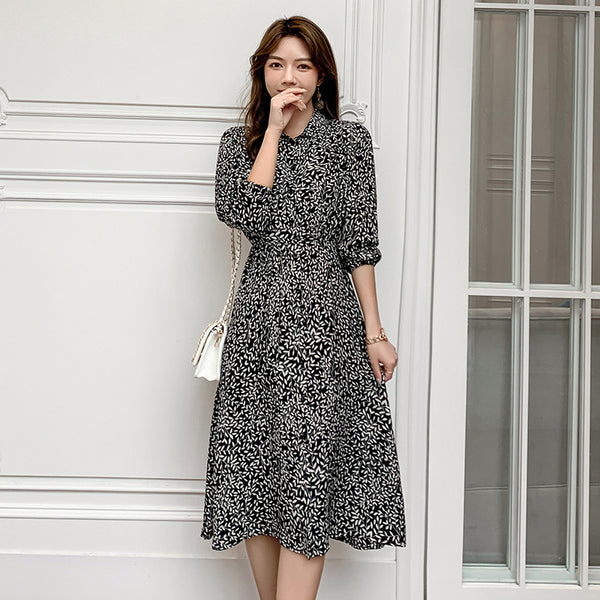 Plus Size Korean Print Long Sleeve Midi Shirt Dress