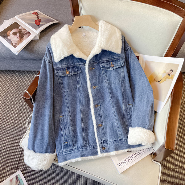 Plus size blue korean woolen denim jacket