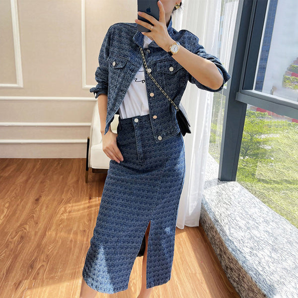 Plus size chanel-esque denim jacket and pencil skirt set