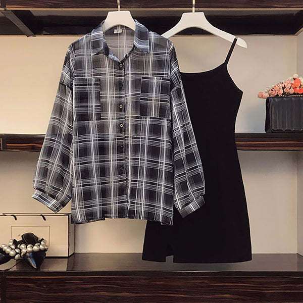 Plus size checks shirt and cami dress set