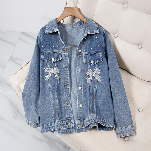 Plus size embellished ribbon pearl denim jacket