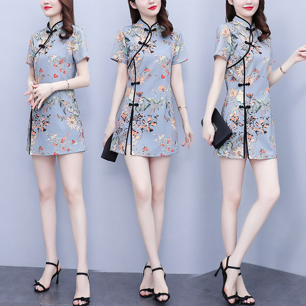 Plus size floral print cheongsam top and short set