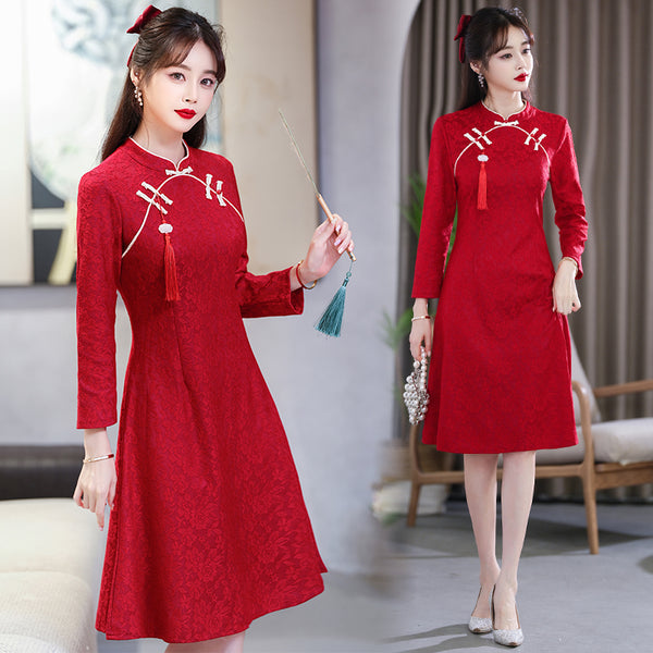 Plus size formal tassel cheongsam long sleeve dress