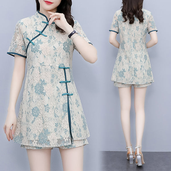 Plus size green lace cheongsam top and short set