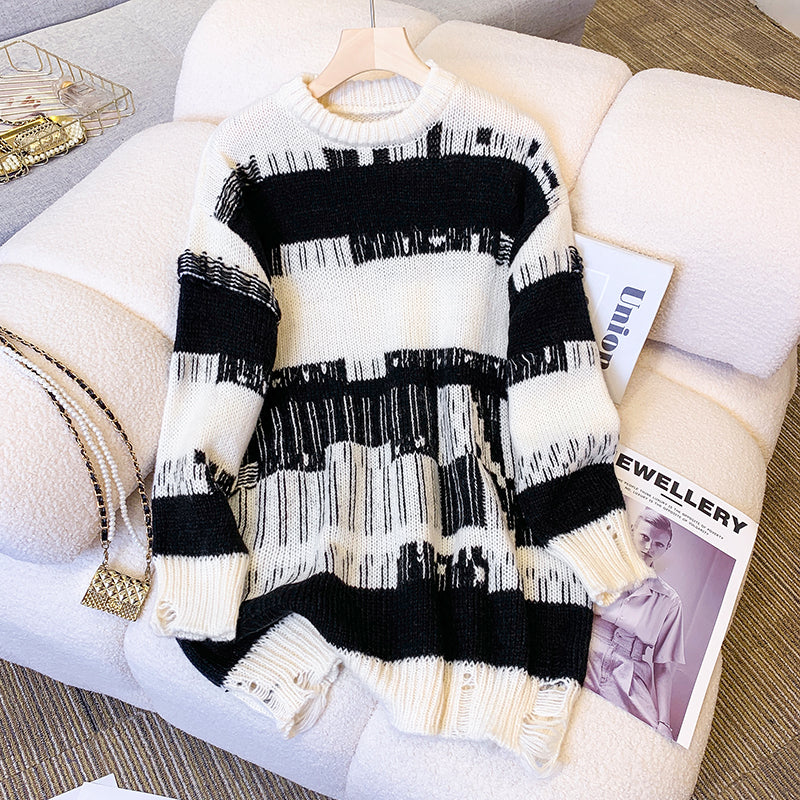 Plus size korean destroyed shapes stripe tunic sweater – Pluspreorder