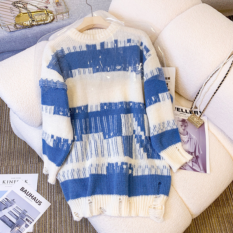 Plus Size Ripped Sweaters Plus size korean destroyed shapes stripe tunic sweater – Pluspreorder
