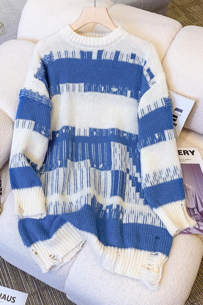 Plus Size Ripped Sweaters Plus size korean destroyed shapes stripe tunic sweater – Pluspreorder