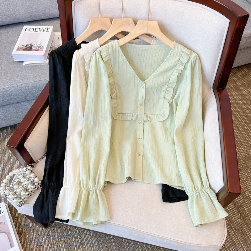 Plus size korean frill long sleeve blouse