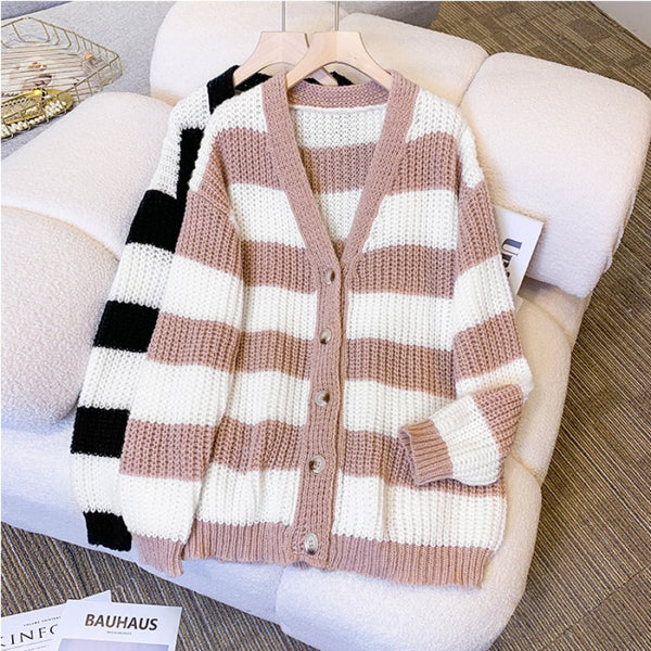 Plus size korean stripes thick tunic cardigan