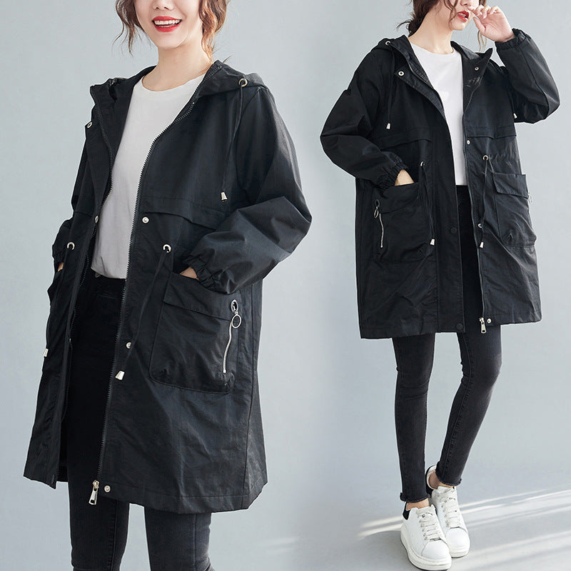 Plus size korean utility tunic jacket with hood