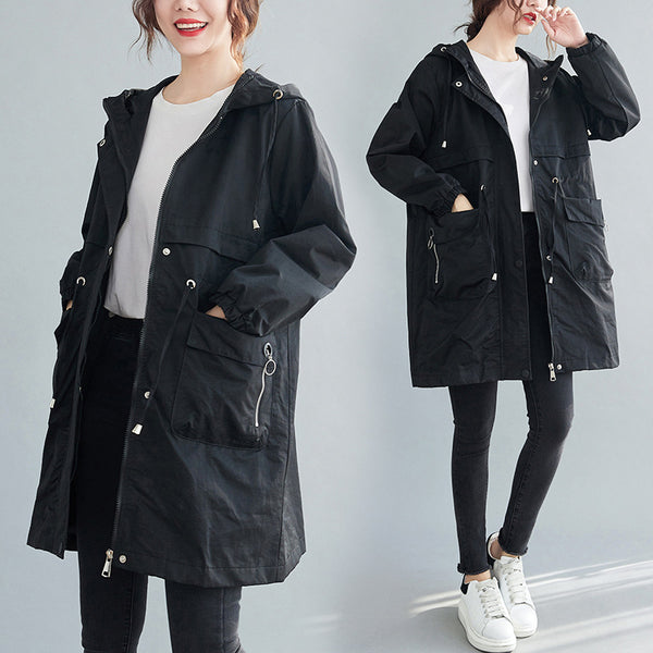 Plus size korean utility tunic jacket with hood