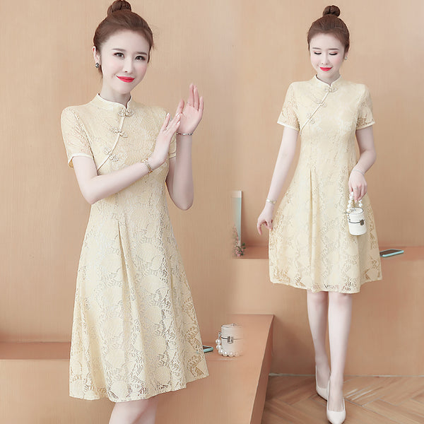 Plus size lace short sleeve cheongsam