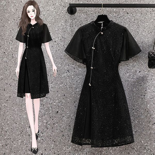 Plus size shimmer cheongsam black dress