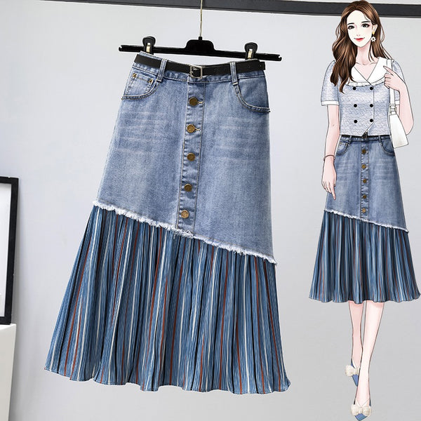 Plus size stripe hem denim midi skirt