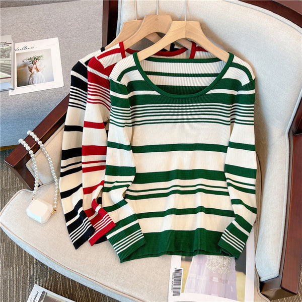 Plus size stripes round neck knit rib sweater