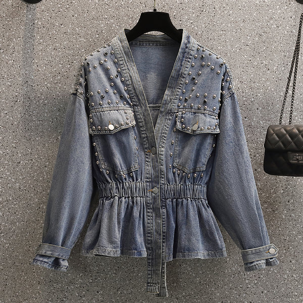 Plus size studded waisted denim jacket