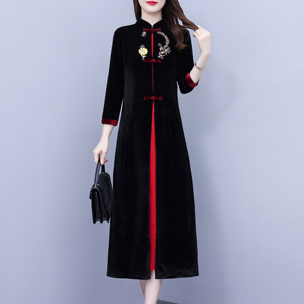 Plus size velvet embroidery formal cheongsam dress