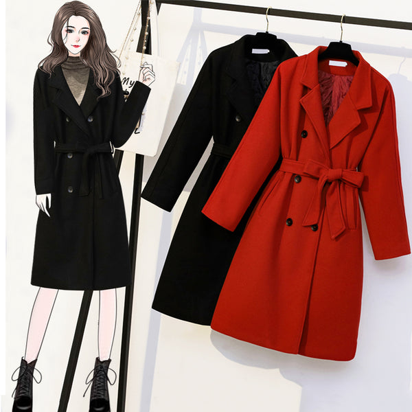 Plus size woolen double breast trench coat